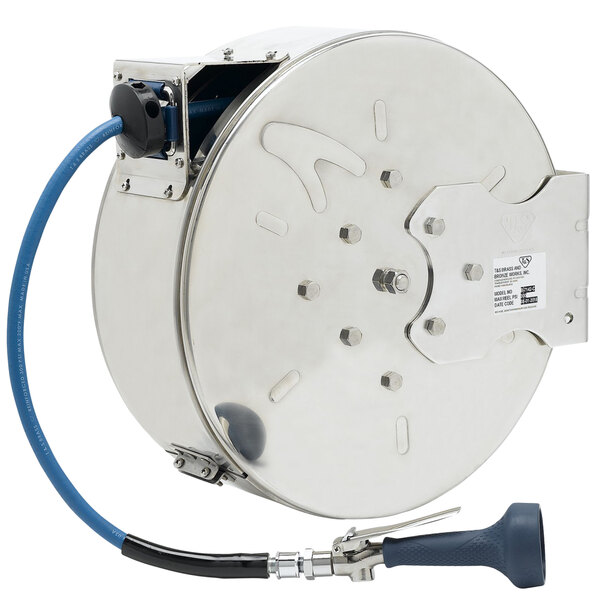 A silver metal T&S hose reel with a blue hose inside.