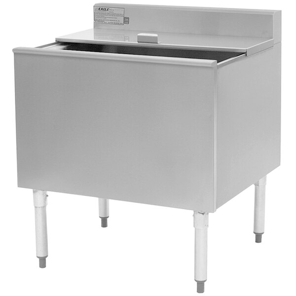 An Eagle Group stainless steel underbar ice chest with a lid.