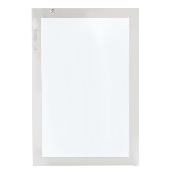 An Avantco right hinged glass door with a stainless steel frame on a white background.