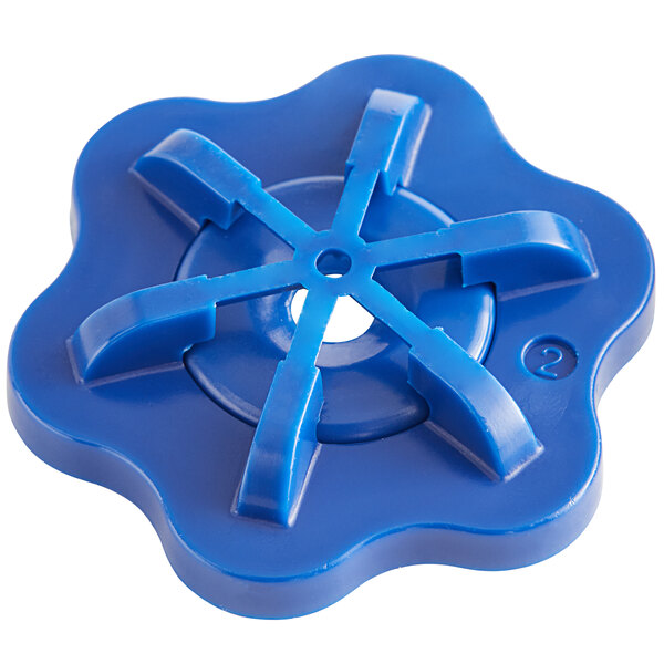 A blue plastic Bunn sprayhead with seven holes.