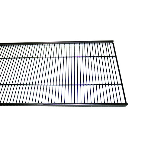 A chrome metal wire shelf for a merchandiser refrigerator with shelf clips on a white background.