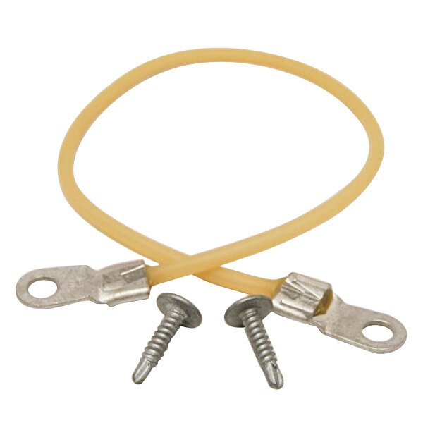 A yellow cable with metal ends and screws.