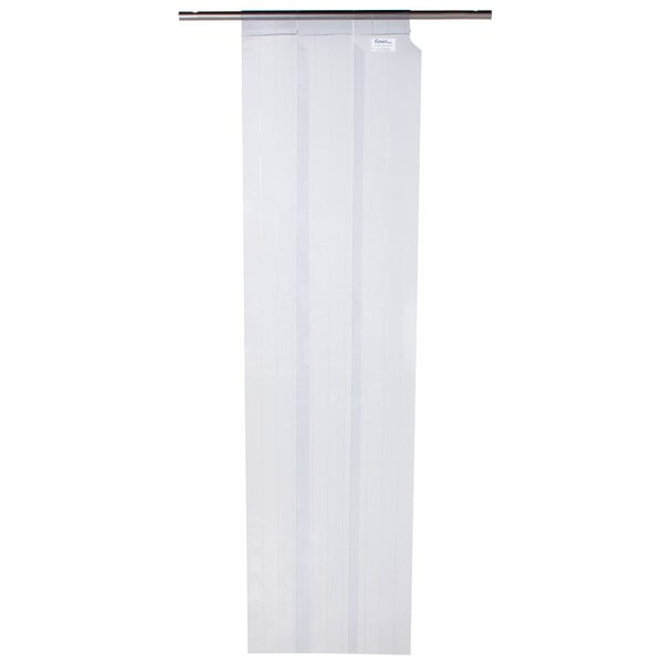 A white rectangular plastic curtain with black vertical lines.