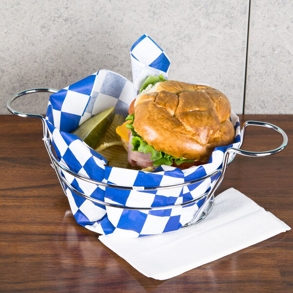 A sandwich in an American Metalcraft chrome wire basket.