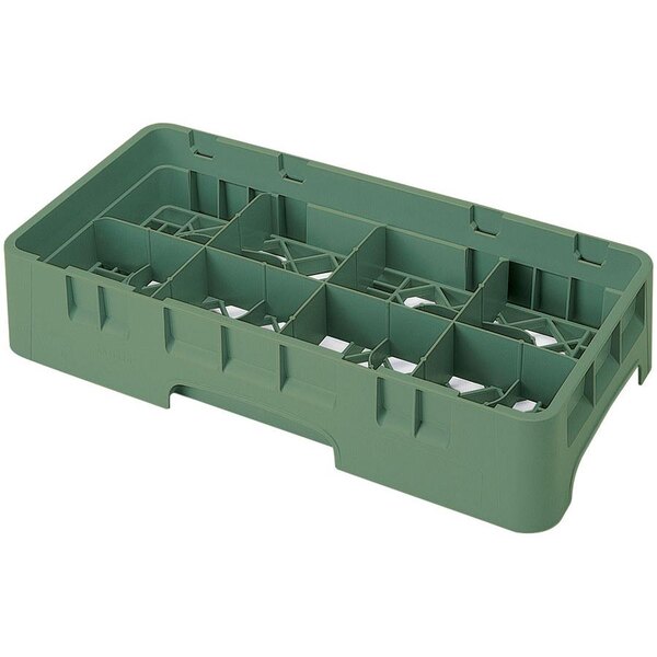 A green plastic container with 8 compartments and 6 extenders.