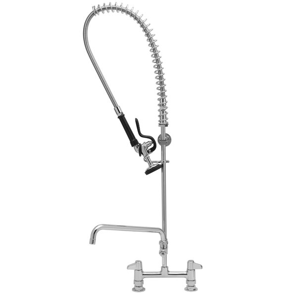 A chrome Equip by T&S deck mounted pre-rinse faucet with a hose attached.