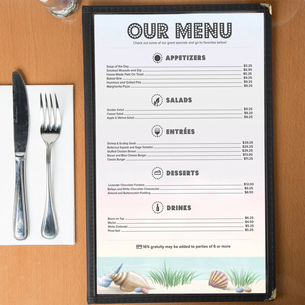 An 8 1/2" x 14" seafood themed menu with a coral design on the middle insert.