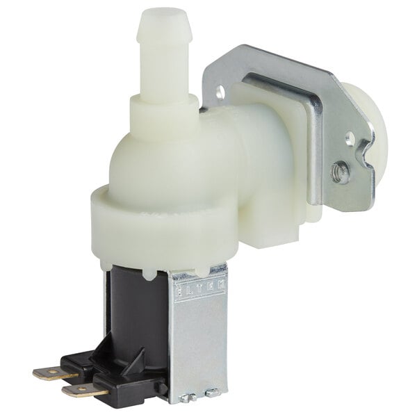 A white Bunn inlet valve with a black plug and metal holder.