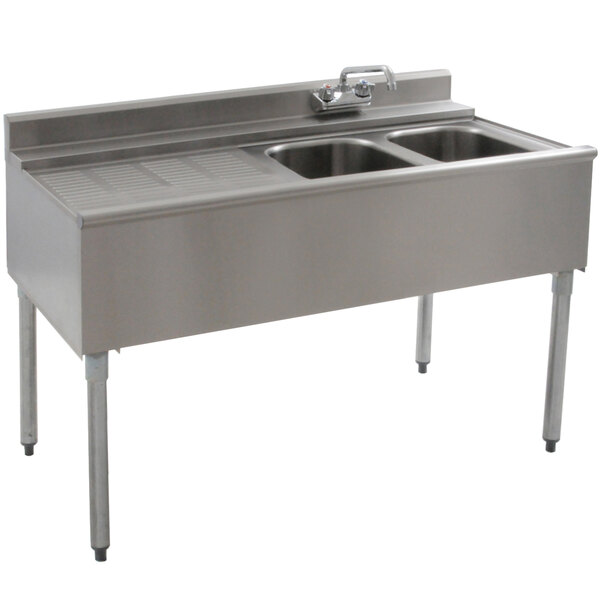 A stainless steel Eagle Group underbar sink with two compartments and a left drainboard.