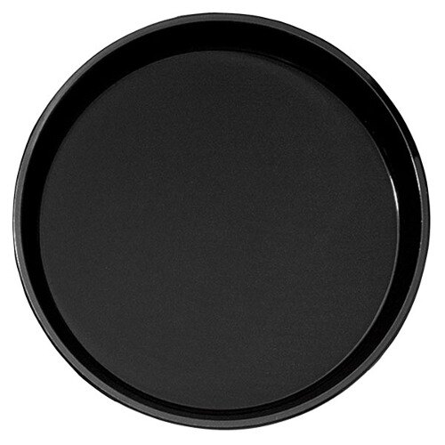 A black round Cambro polytread serving tray.