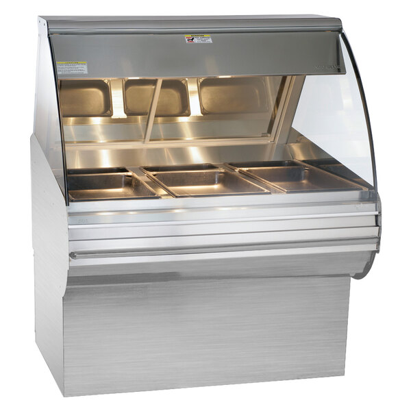 A stainless steel Alto-Shaam heated display case with curved glass.