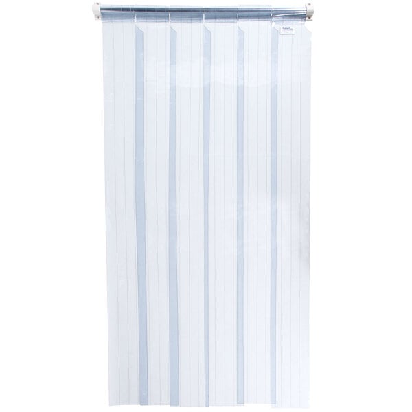A white curtain with blue polar strips.