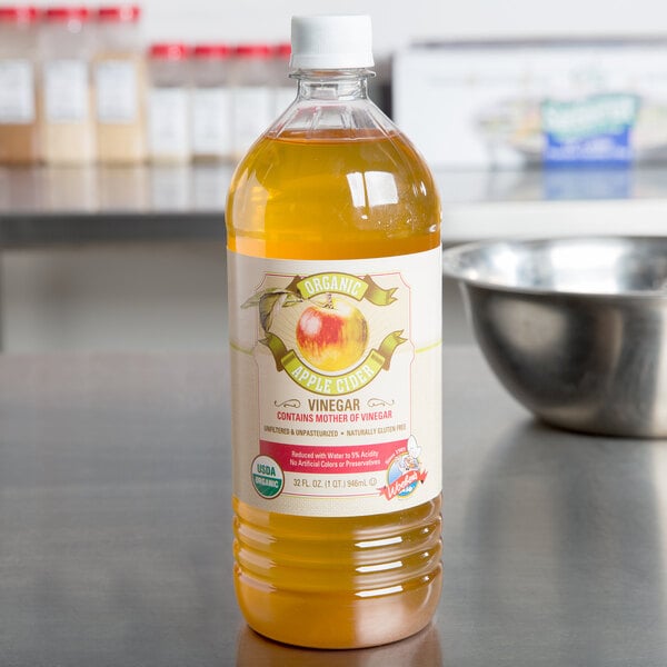 A bottle of Woeber's organic apple cider vinegar.