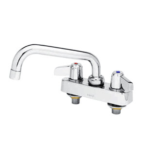 A chrome Equip by T&S deck-mounted faucet with two handles and an 8 1/8" swing nozzle.