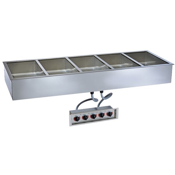 An Alto-Shaam stainless steel drop-in hot food well with three compartments on a counter.