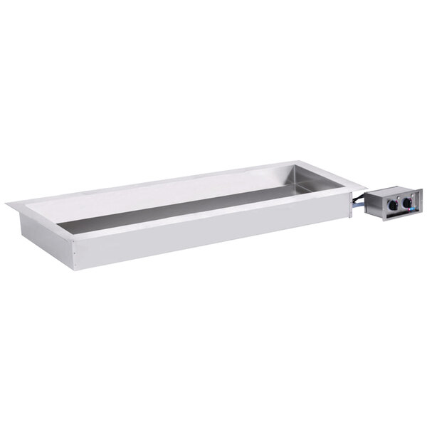 A white rectangular metal Alto-Shaam drop-in hot food well with a control panel.