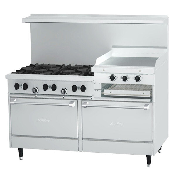 A white Garland commercial gas range with black knobs, two burners, and two ovens.
