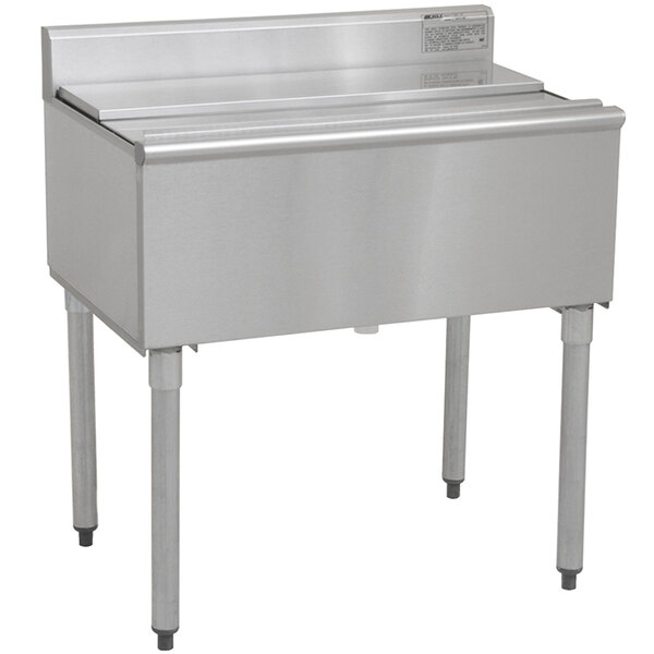 A stainless steel Eagle Group underbar ice chest with a post-mix cold plate on legs.