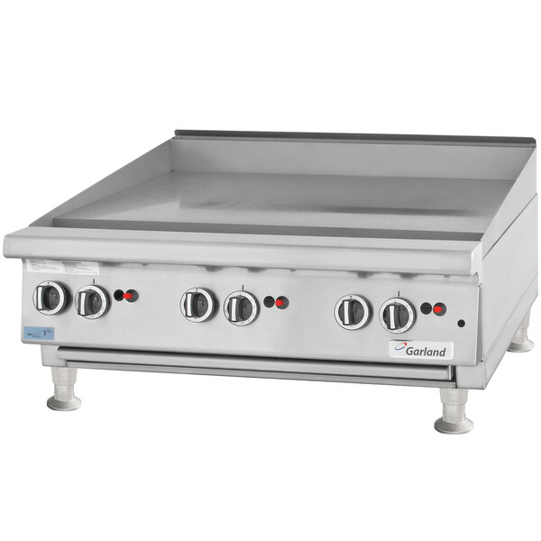 A Garland natural gas countertop griddle with manual controls.