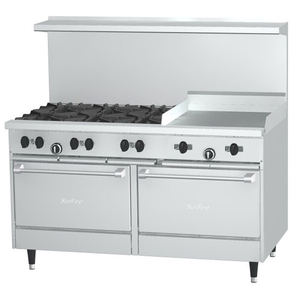 A stainless steel Garland SunFire commercial gas range with 6 burners, a 24" griddle, and two ovens.