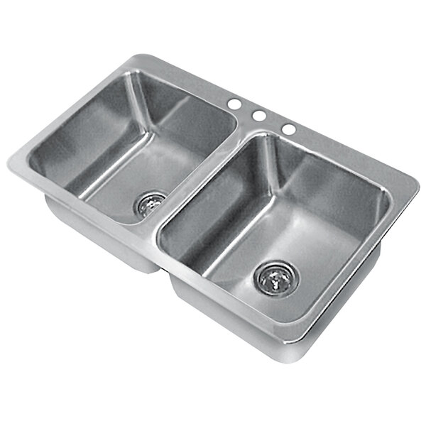 A stainless steel Advance Tabco drop-in sink with two bowls.