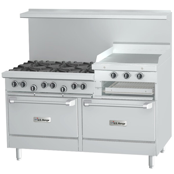 A large white U.S. Range gas range with 6 burners and 2 ovens, and black knobs.
