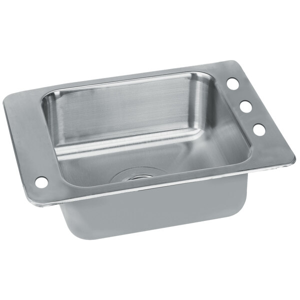 A stainless steel sink with a hole for a bubbler on a counter.