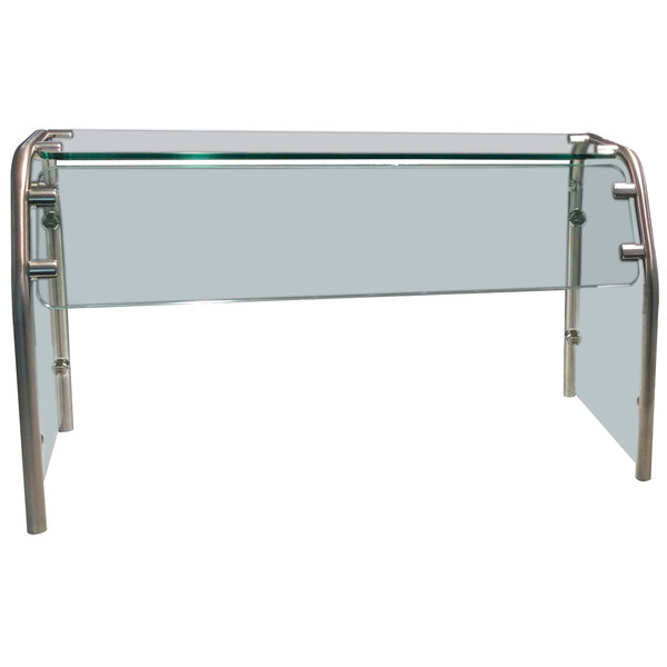 An Advance Tabco self service food shield with a metal frame on a glass table with metal legs.