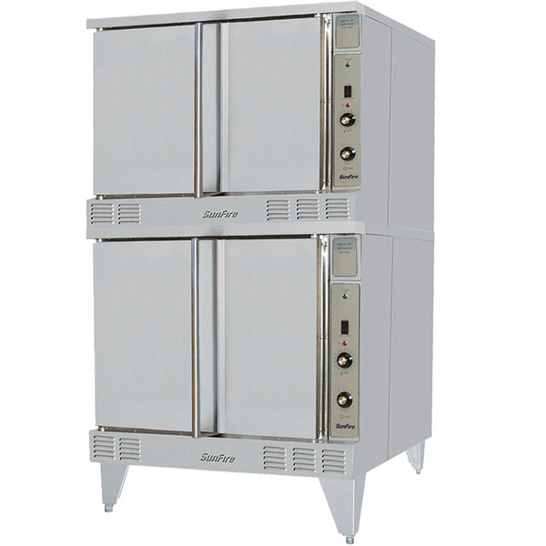 A white Garland double deck gas convection oven with silver handles on double doors.