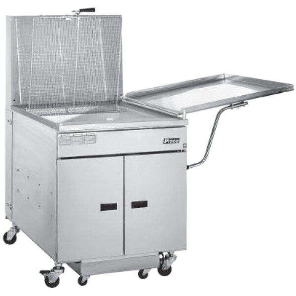 A large stainless steel Pitco floor fryer with wheels and a lid.