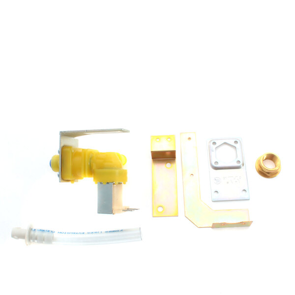A white rectangular water valve with yellow plastic and metal parts.