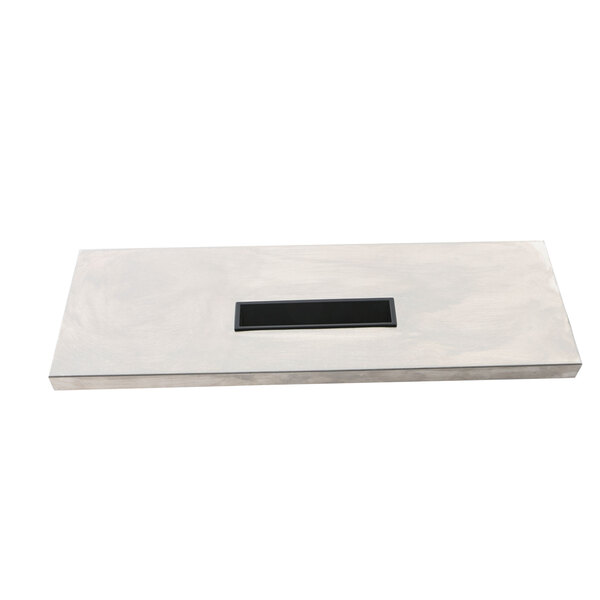 A rectangular metal drawer front with a black rectangular handle.
