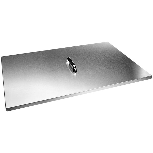 A Delfield stainless steel rectangular cover with a metal handle.