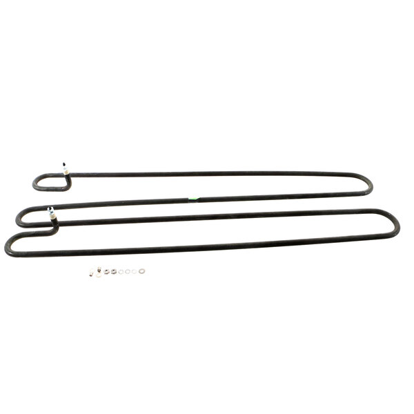 A black Keating heating element with two wires and screws.