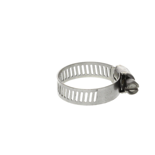 A Vulcan stainless steel hose clamp with a screw on a white background.