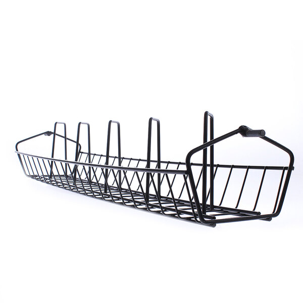 A black metal Henny Penny coated basket with handles.
