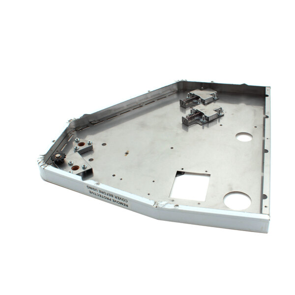 A metal frame with many holes and screws.