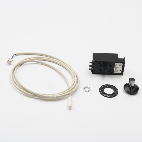 A black Delfield thermostat kit with a white cord and a black knob.