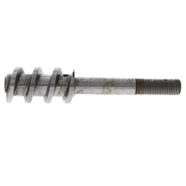 A metal shaft and worm screw with a metal nut on it.