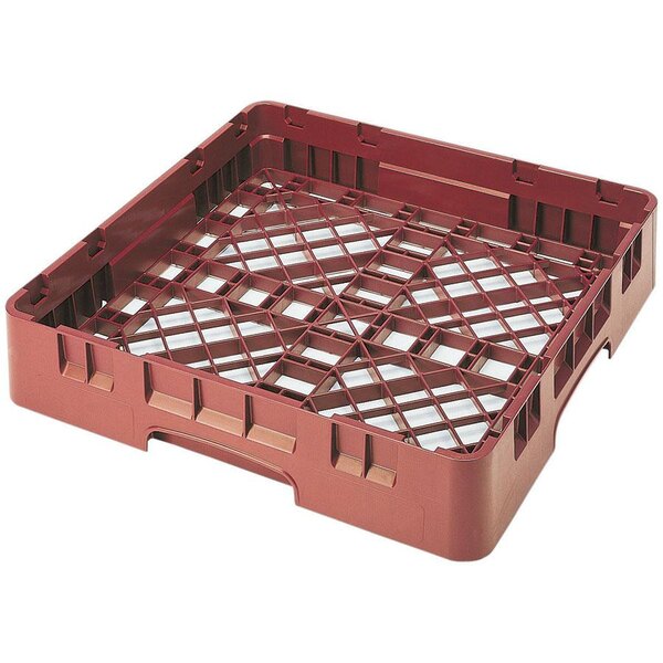 A red plastic Cambro base rack with metal grids on the sides.