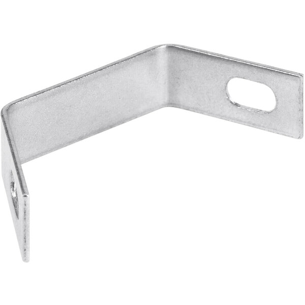 A silver metal corner bracket with a hole.