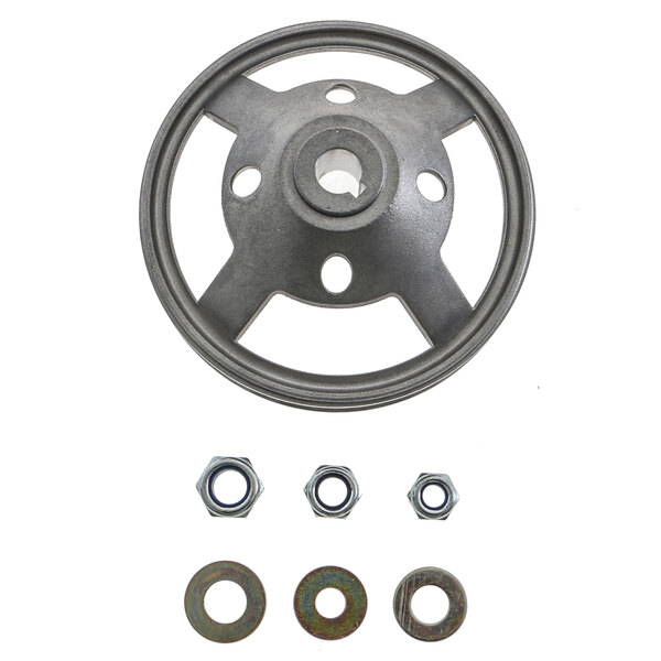 An Electrolux Professional metal pulley wheel with several nuts on it.