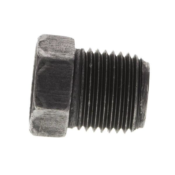 A close-up of a black threaded nut.