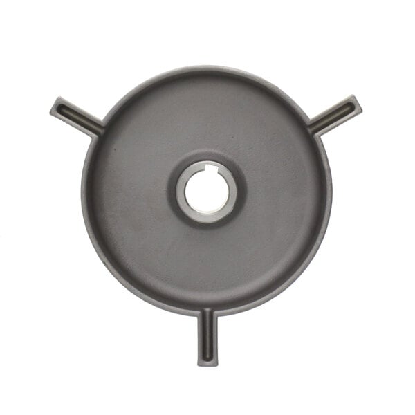 A black circular metal plate with holes and a centering hole.