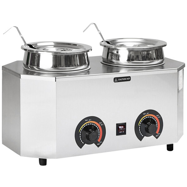 A Paragon Pro-Deluxe dual stainless steel condiment warmer on a counter with two pots inside.