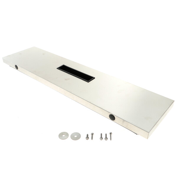 A metal rectangular front drawer assembly with screws.