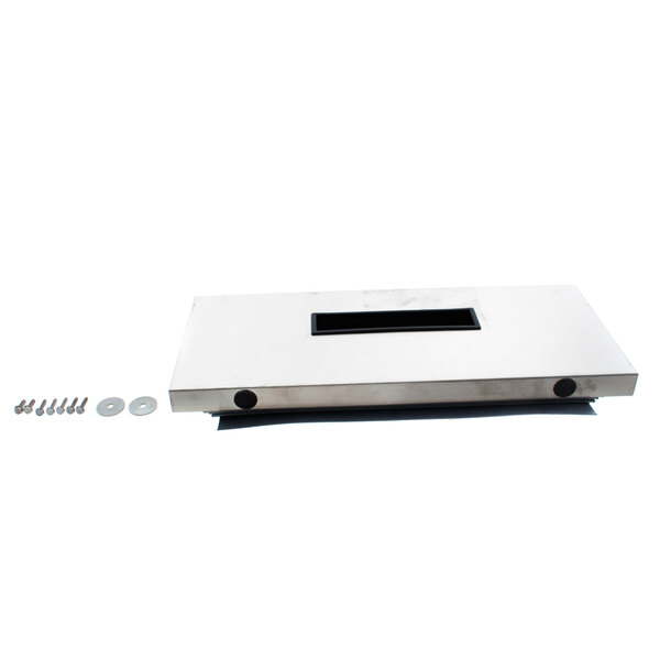 A white rectangular Delfield front drawer assembly with screws.