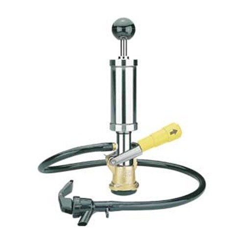 A close-up of a Micro Matic party pump with a yellow lever handle and gold plated base.