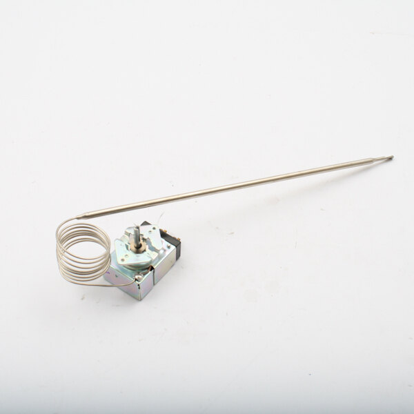 A silver metal Hobart temperature control with a wire and metal rod.