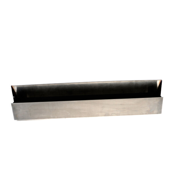 A black metal rectangular Vulcan drip pan with a long handle.